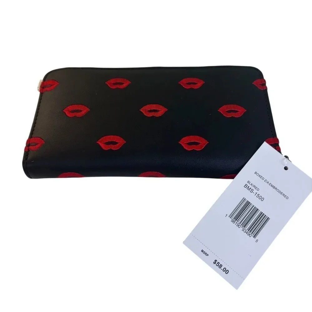 Fabulous Betsey Johnson Faux Leather Black Wristlet w/  Embroidered Red Lips.